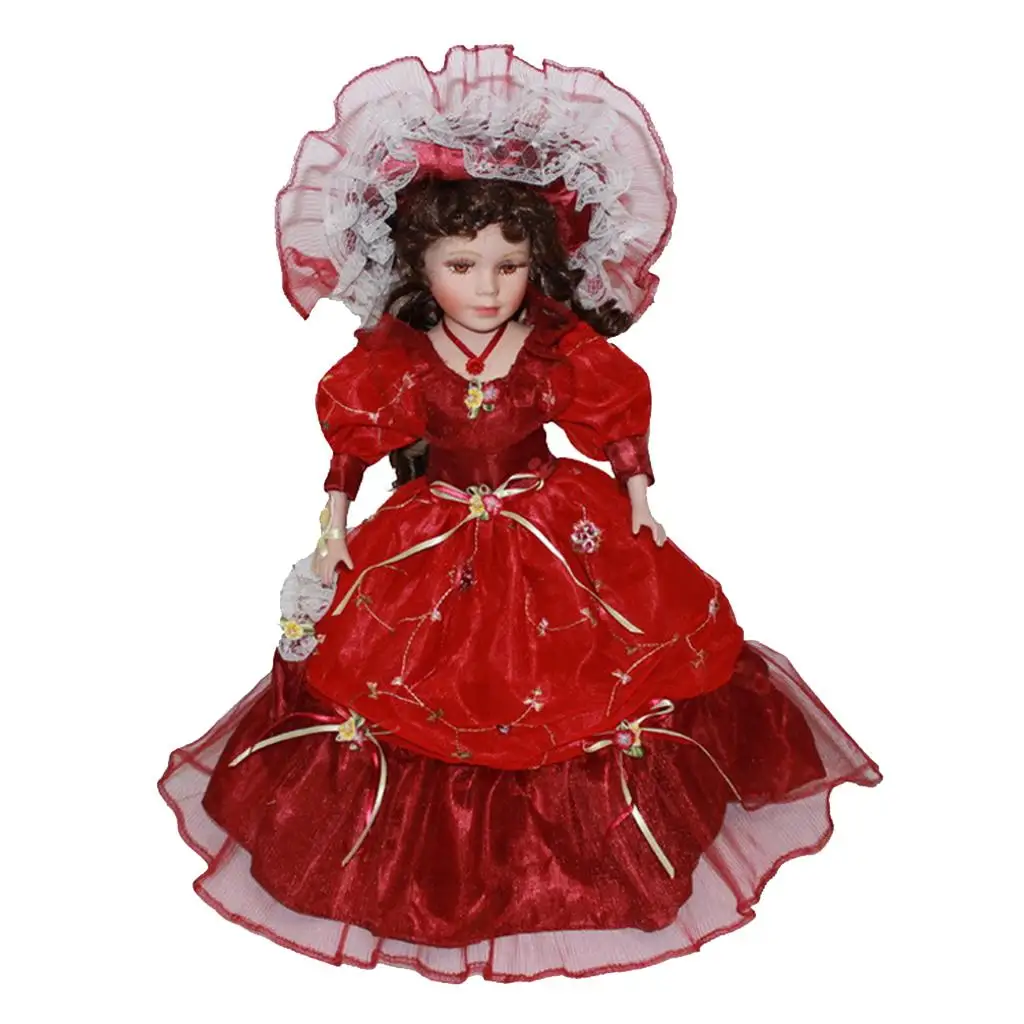 

40cm Victorian Porcelain Female Doll Model In Red Long Dress Hat Home Decor