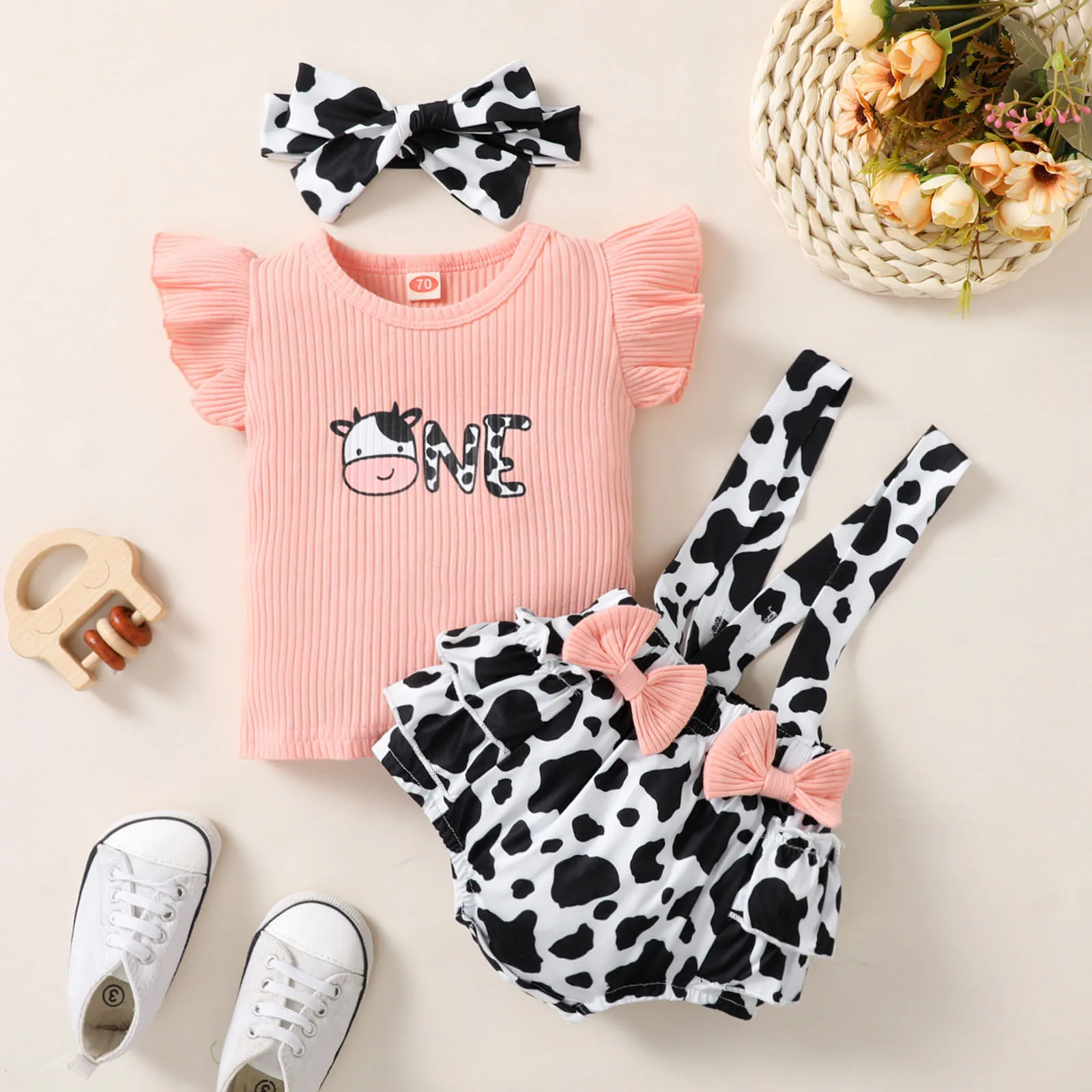 Newborn Baby Clothes Girls 3 to 24 Months 2023 Summer Fly Sleeve Ribbed Top+Bowknot Suspenders Shorts+Headband 3PCS Outfits Sets