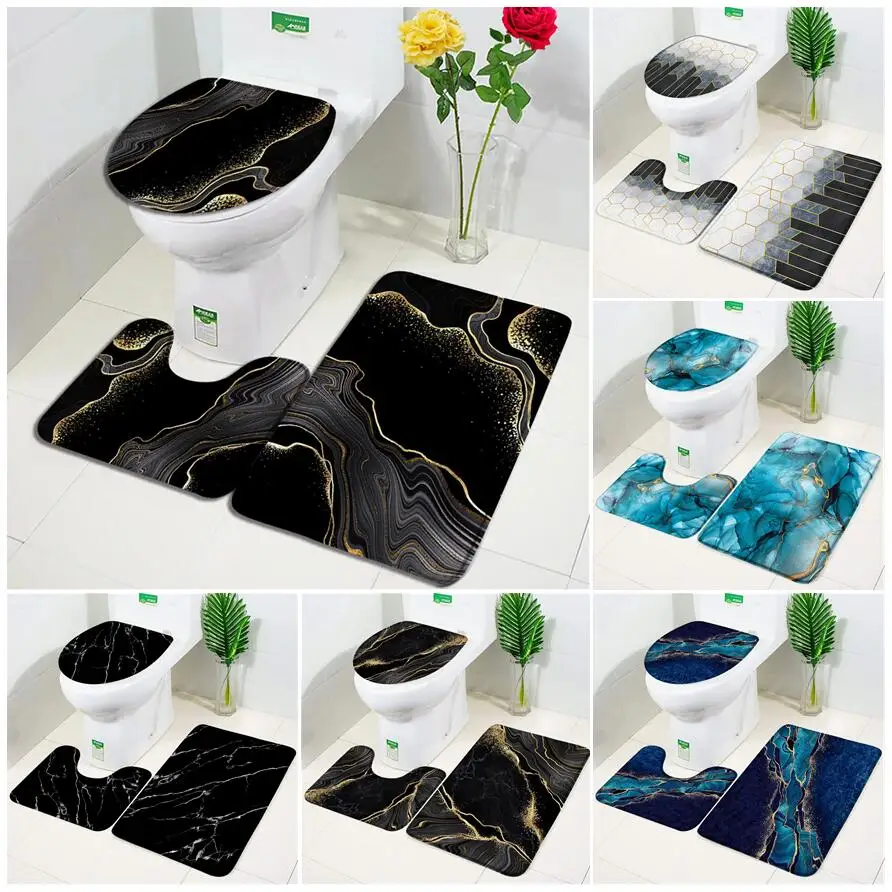 Black Marble Bath Mat Set Modern Abstract Gold Line Texture Pattern Bathroom Decorative Non-Slip Carpet Rugs Toilet Lid Cover