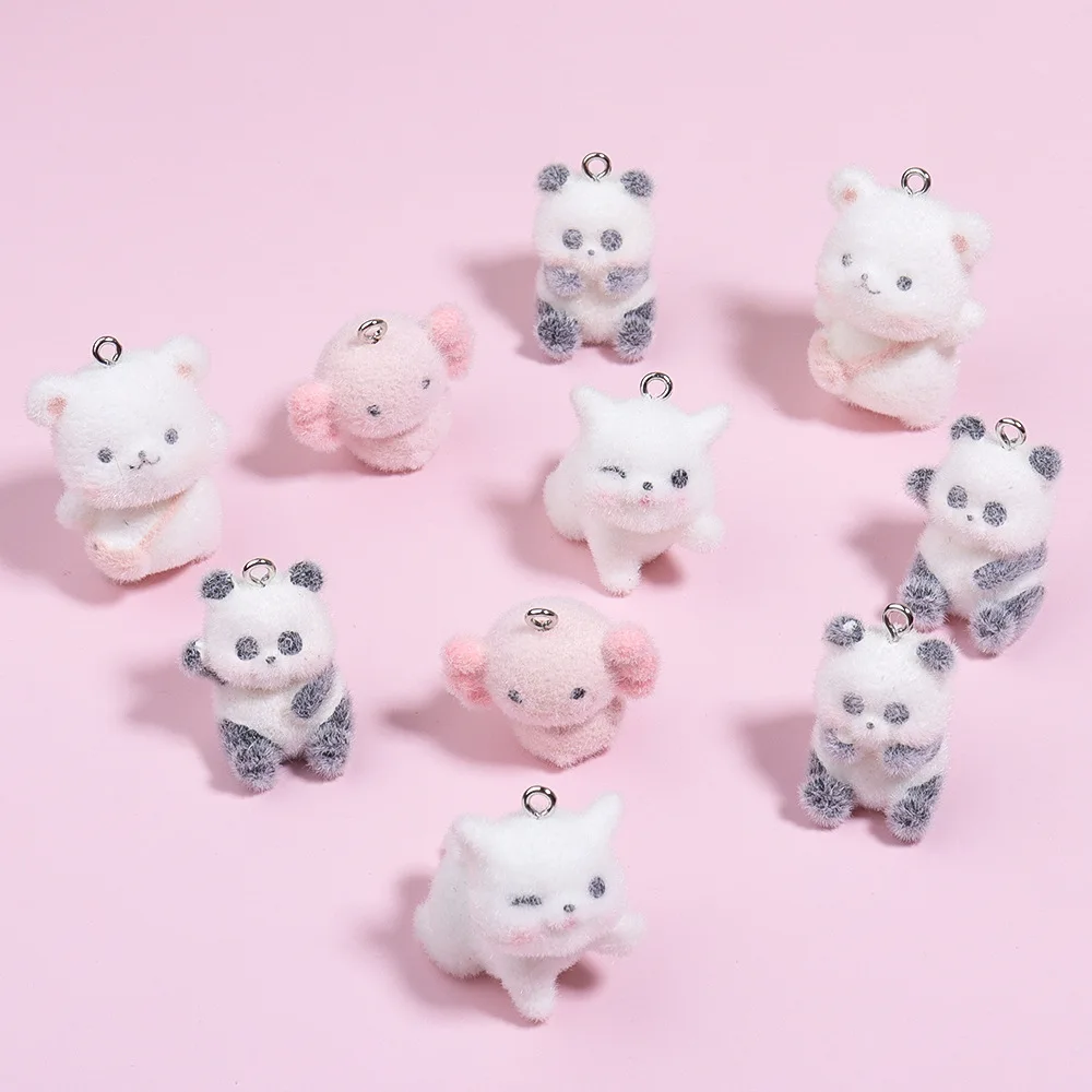 10Pcs 3D Flocking Animal Pendant Cartoon Plush Dolls Charms for Necklace Keychain Making DIY Handmade Accessories Wholesale
