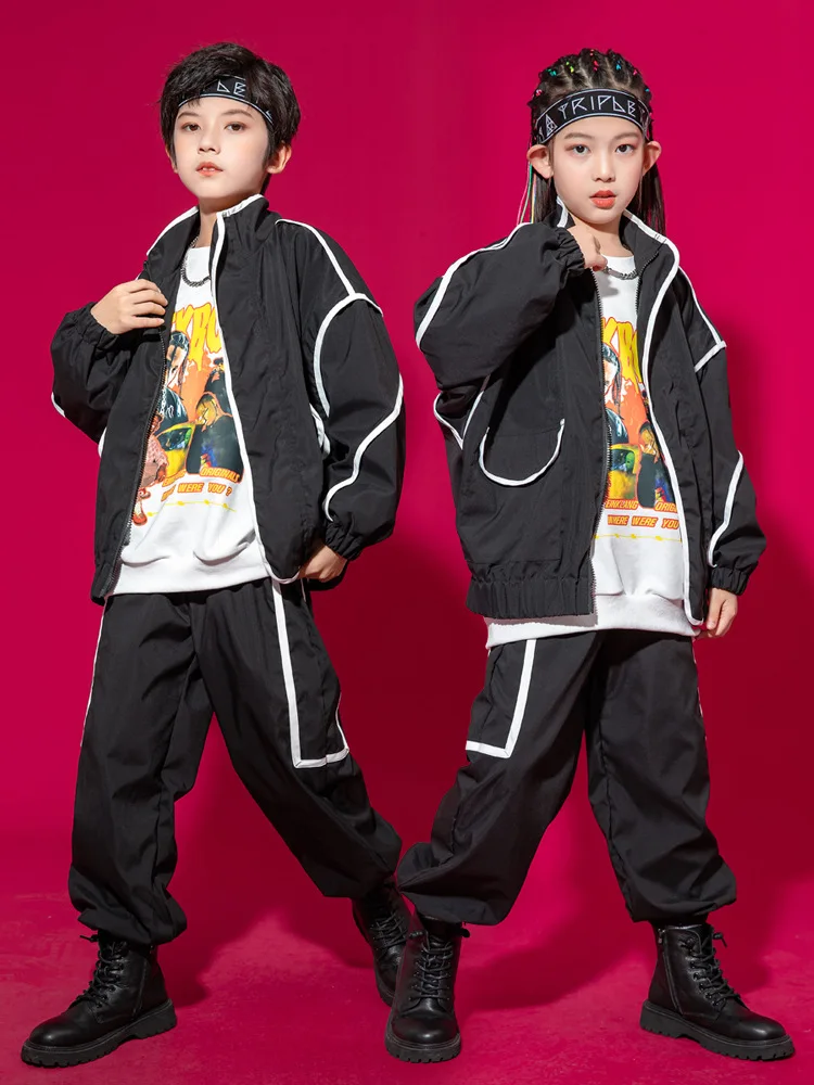 

Kid Hip Hop Clothing Black Zip Up Windbreak Bomber Jacket Top Casual Street Jogger Pants for Girl Boy Jazz Dance Costume Clothes