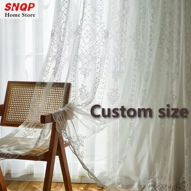 

Custom Size European Style Embroidered Sequin White Tulle Curtains for Living Dining Room Bedroom Luxury Sheer Window Veil