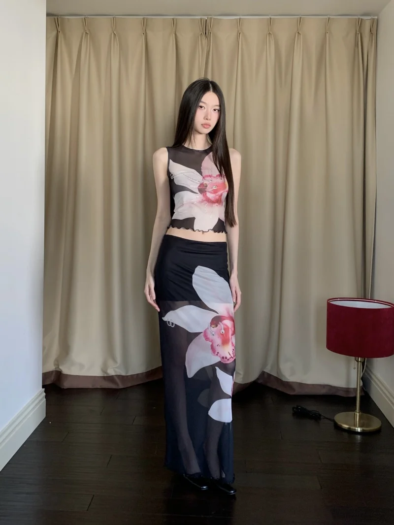 CHEERART Rhinestone Floral Mesh 2 Pieces Set For Woman 2025 Summer Outfit Sleeveless Crop Top And Long Maxi Skirt Matching Sets image 2