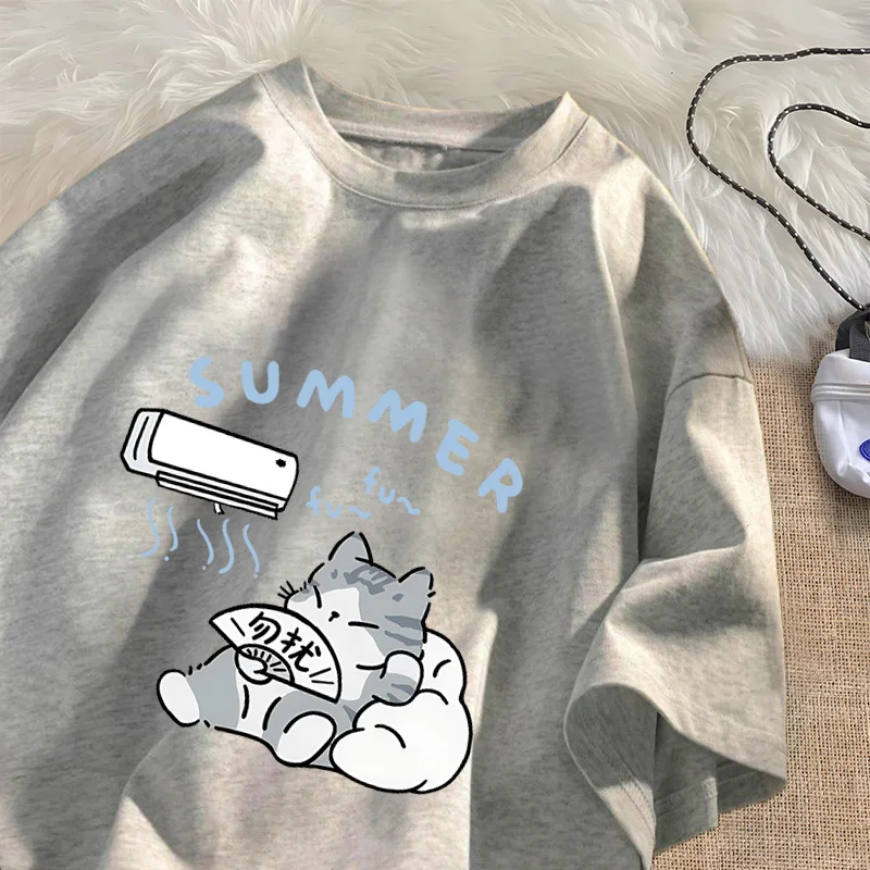 Summer Cat T Shirt for Men Women American Street Creative Funny Air Conditioner Cat T-shirts Cotton O Neck Tee Shirt Streetwear