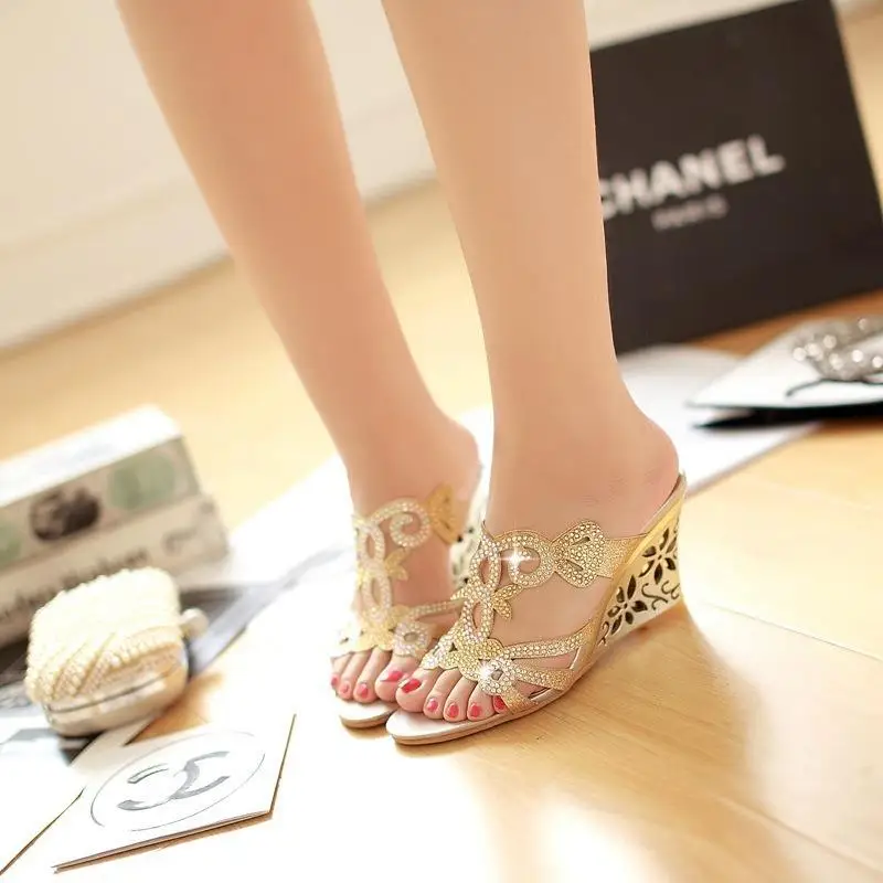 Rhinestone Sandals Large Size Black Shoes for Women Summer Heels Open Toe Clogs Wedge Big Beige Girls 2024 Fashion Peep Elastic