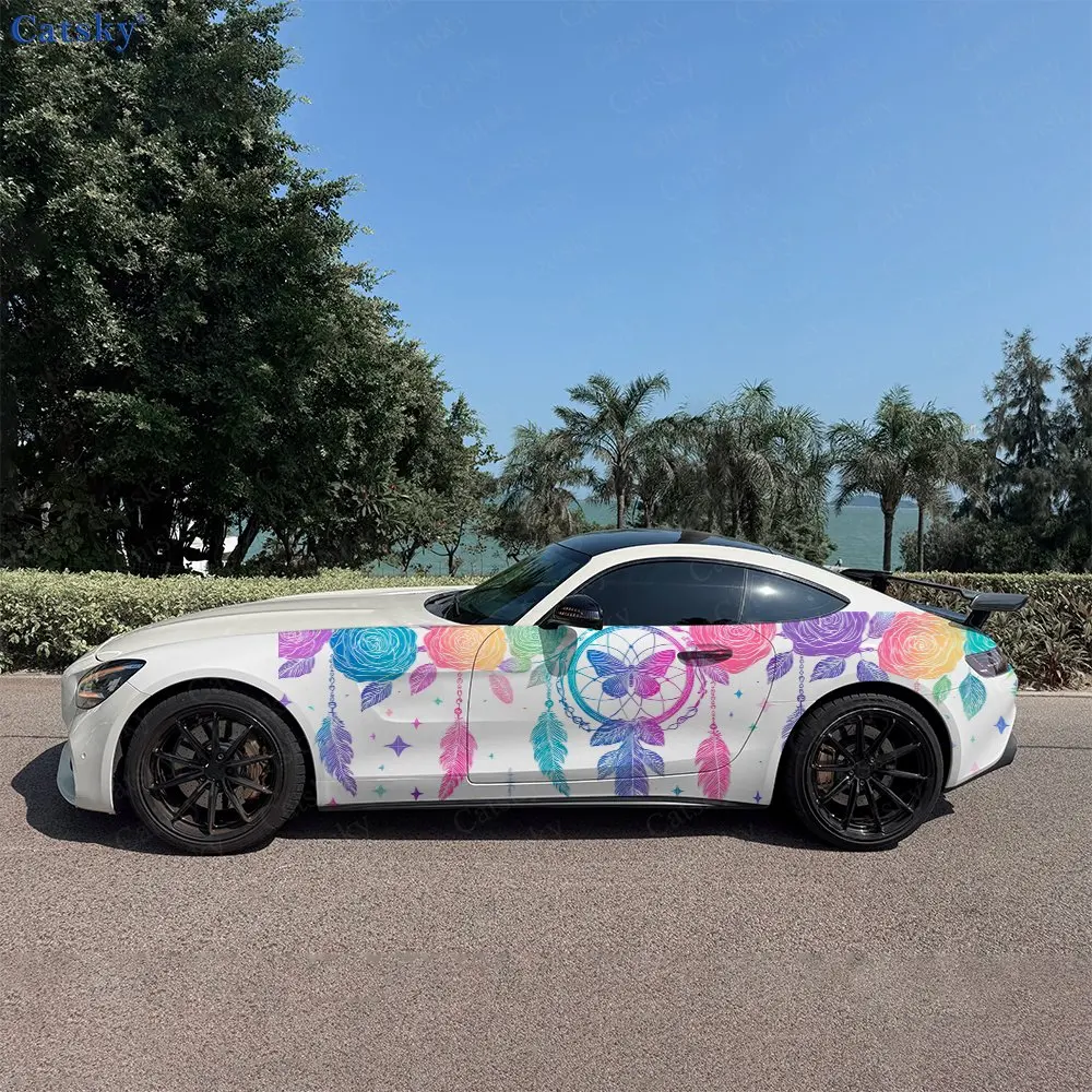 2pcs Rainbow Butterfly And Flowers Car Side Wraps, Self-Adhesive PVC Waterproof & Scratch-Resistant Stickers, Car Accessory Gift