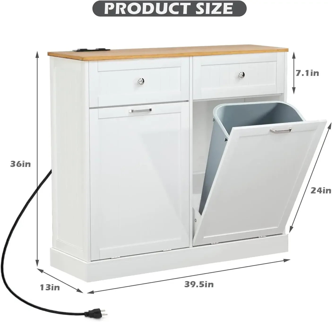 Double Tilt Out Trash Cabinet with Charging Station, Upgrade Wooden Free Standing Trash Cabinet with Outlet,Recycling