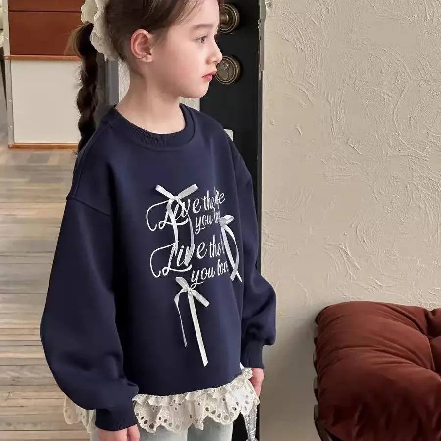 

Girls' 2025 New Spring/Autumn Korean Style Stylish Long Sleeve Lace Hem Base Layer Sweatshirt - Best Selling for Kids