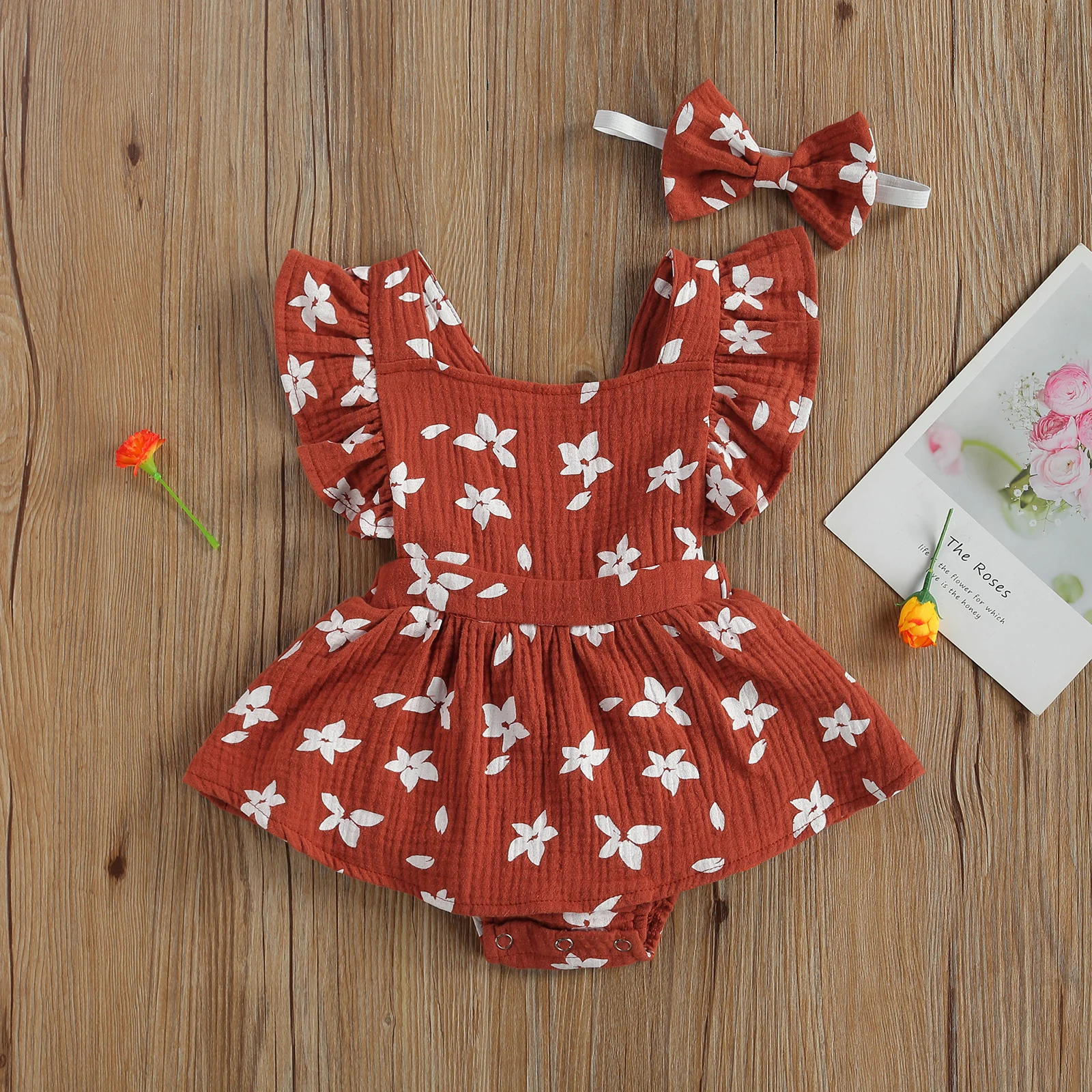 Cute Newborn Baby Girls Romper Dress Ruffle Fly Sleeve Flower Printing Bodysuit With Headband Summer Short Jumpsuit Outfits