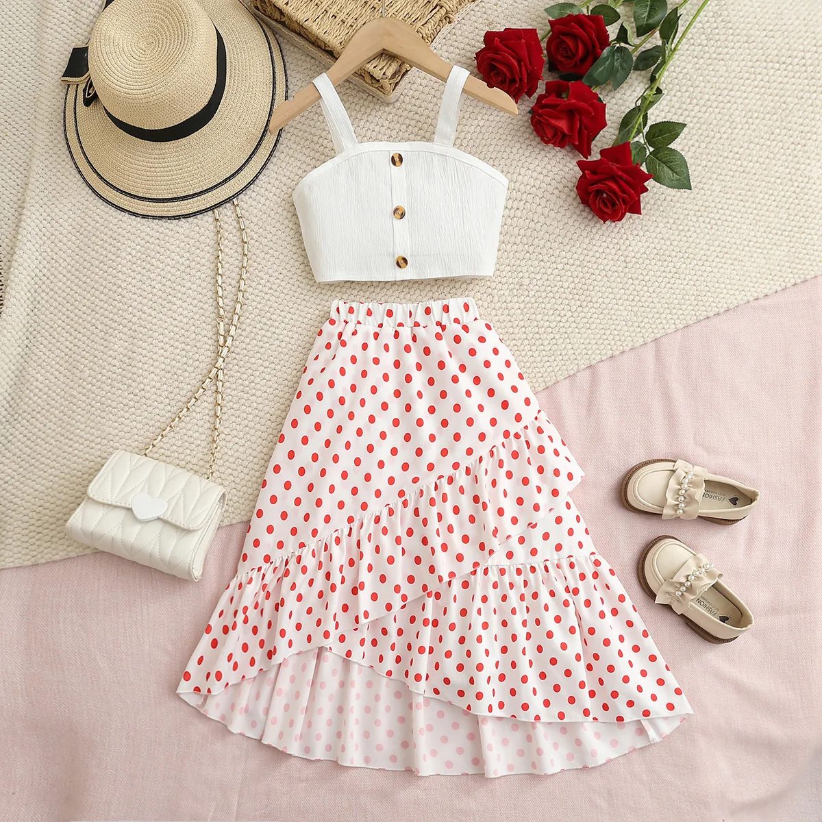 

Летняя повседневная асимметричная юбка в горошек для девочек, комплект из двух предметов, детская одежда, наряд с рюшами