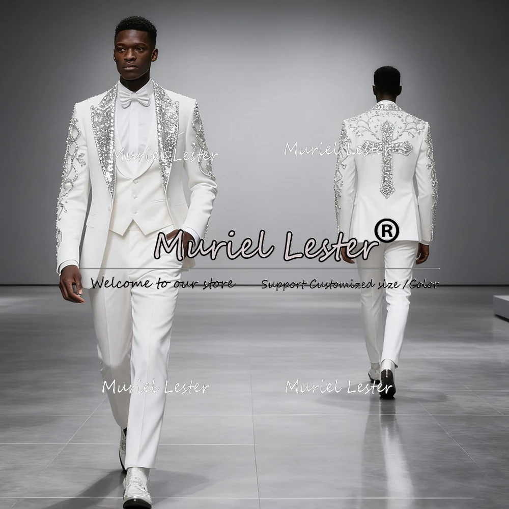 

French Style Suits Men For Wedding Sparkly Sequins Lapel Groom Blazers Customized Man Banquet Tuxedos 3 Pieces terno masculino