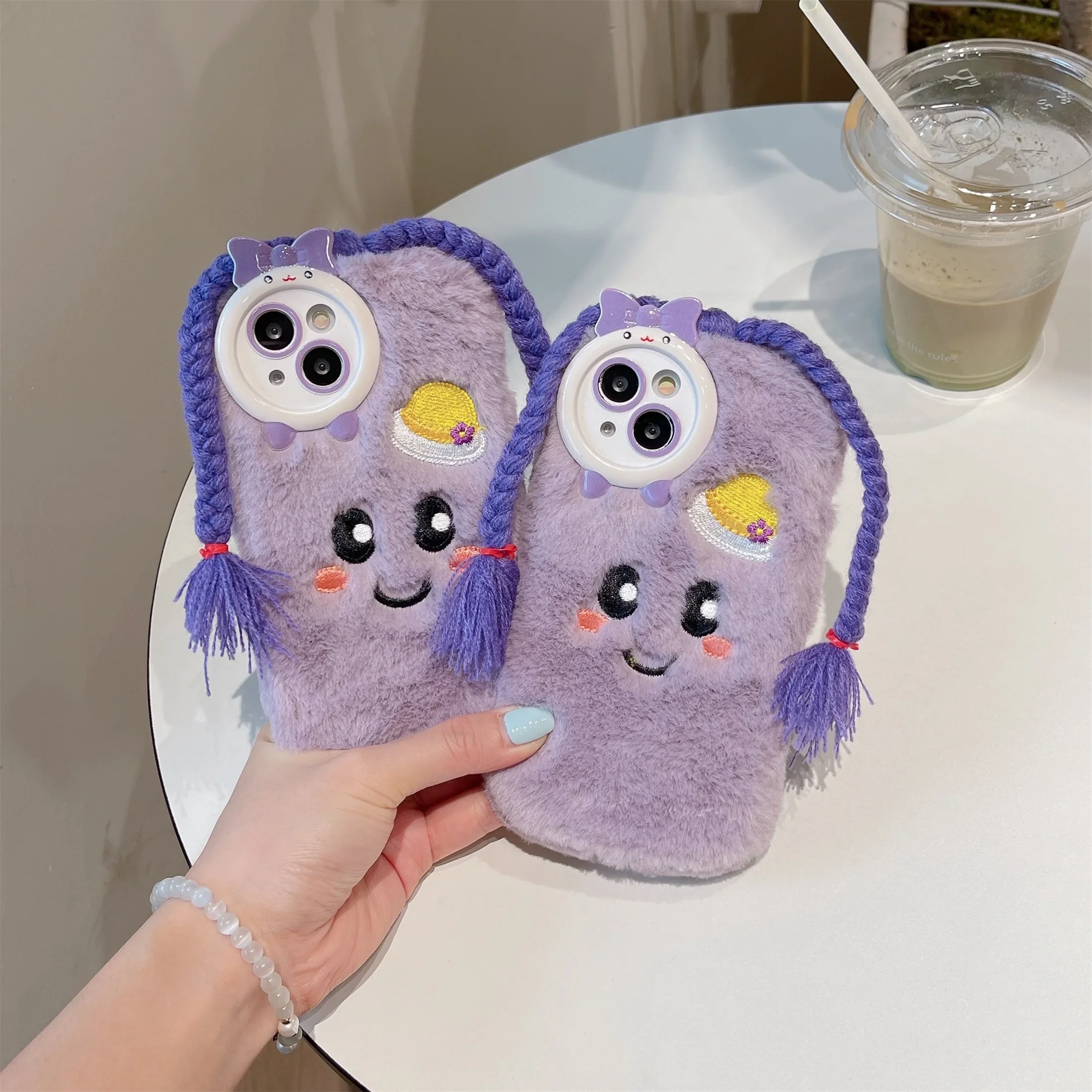 เคสโทรศัพท์ถักเปียสีม่วงน่ารักสำหรับ IPhone16 15 14 13 11 12 Pro สูงสุดขนเฟอร์อบอุ่นกันกระแทกฝาครอบป้องกันการตก