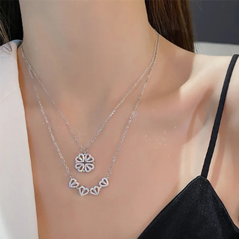 1pc Heart Shaped Four Leaf Clover Pendant Necklace Jewelry Zircon Women Love Clavicle Chain Gifts Openable ChokerJewelry_maomaolike.com