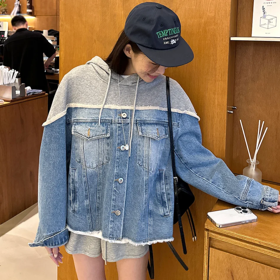 Patchwork Denim Jack Met Capuchon Crop Herfst Lange Mouw Winterjas Vrouwen Korean Casual Botton Blue Jean Jasjes Ovsize Streetwear