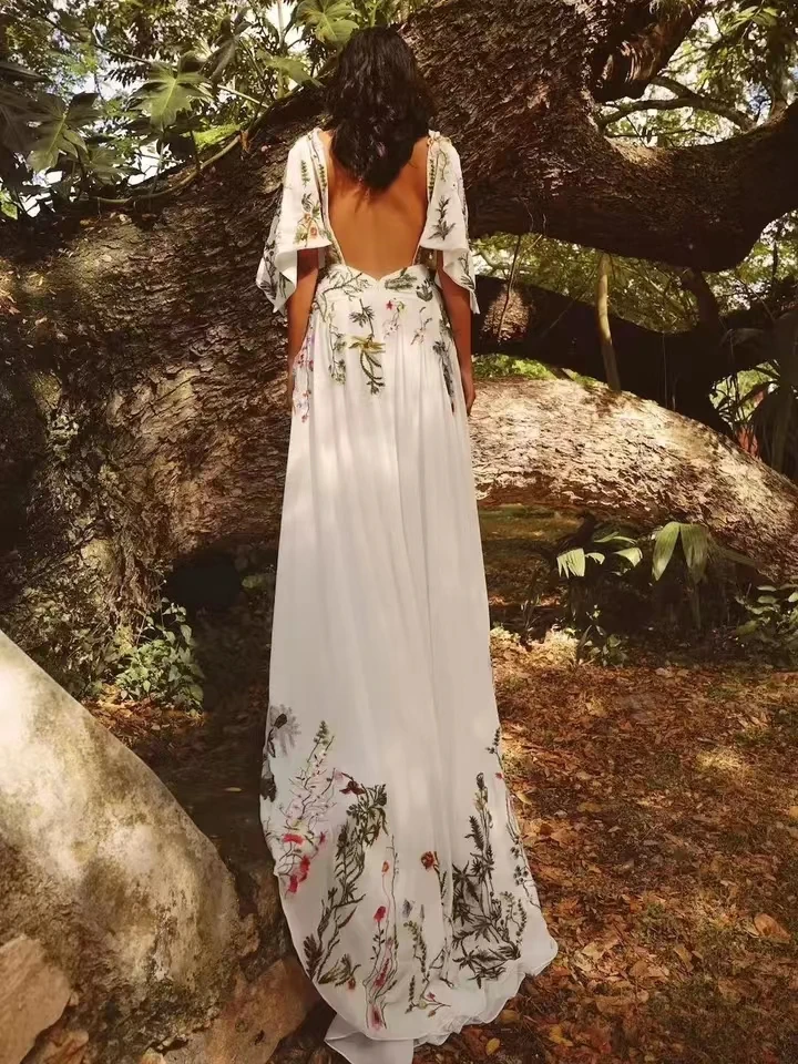 Colorido bordado renda a linha boho vestidos de casamento sexy com decote em v aberto volta praia bohemia vestidos de noiva personalizado 2025