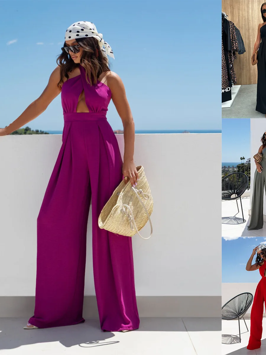 Sexy oulder Bared Pure Color Sve Jumpsuit Damespak Taille Cinching Lange Broek Pendelen Sle Zomeroutfit