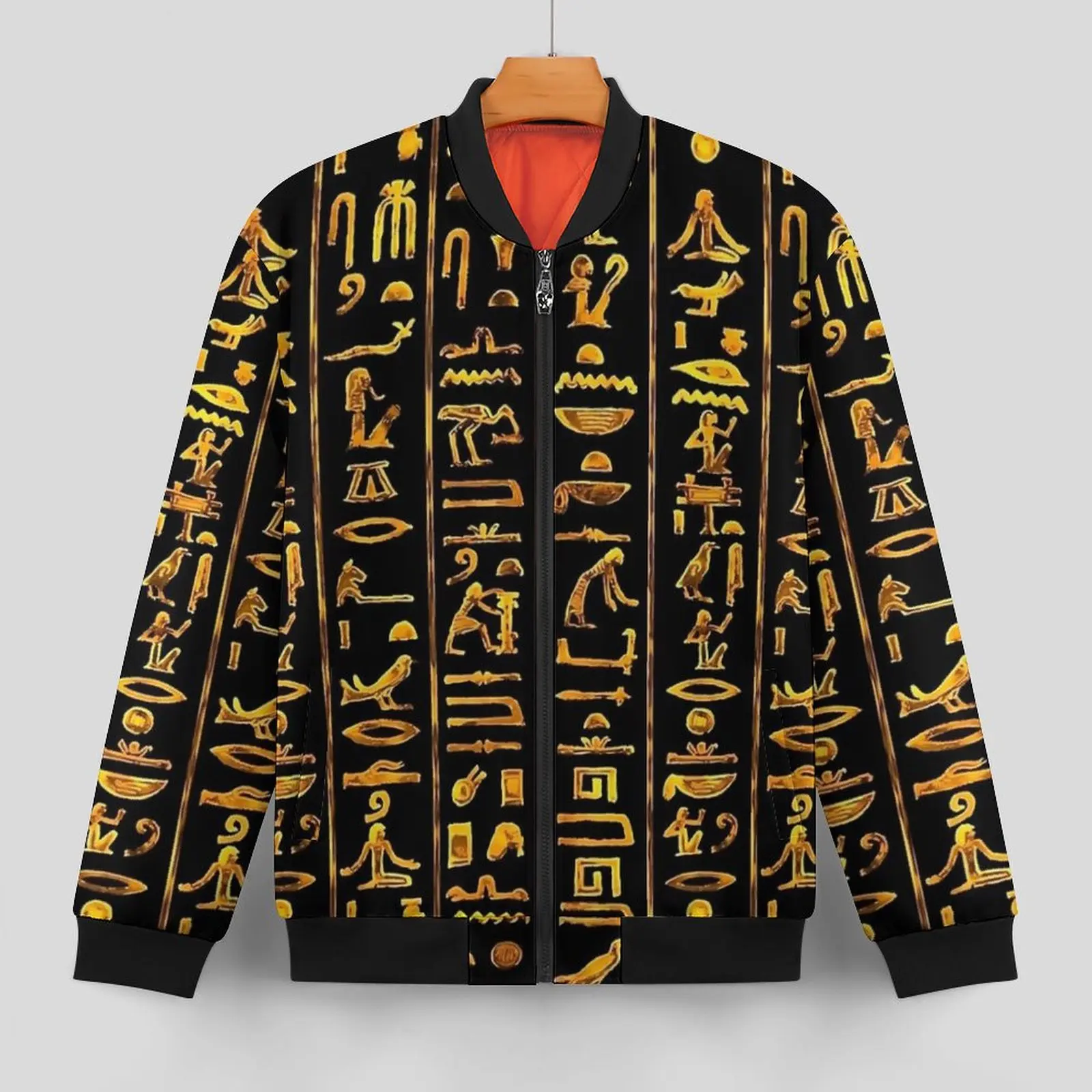 Ancient Egyptian Art Hieroglyphs Jackets Mens  Winter Coats Retro Zipper Casual Windbreakers Custom Outerwear Jacket Large Size