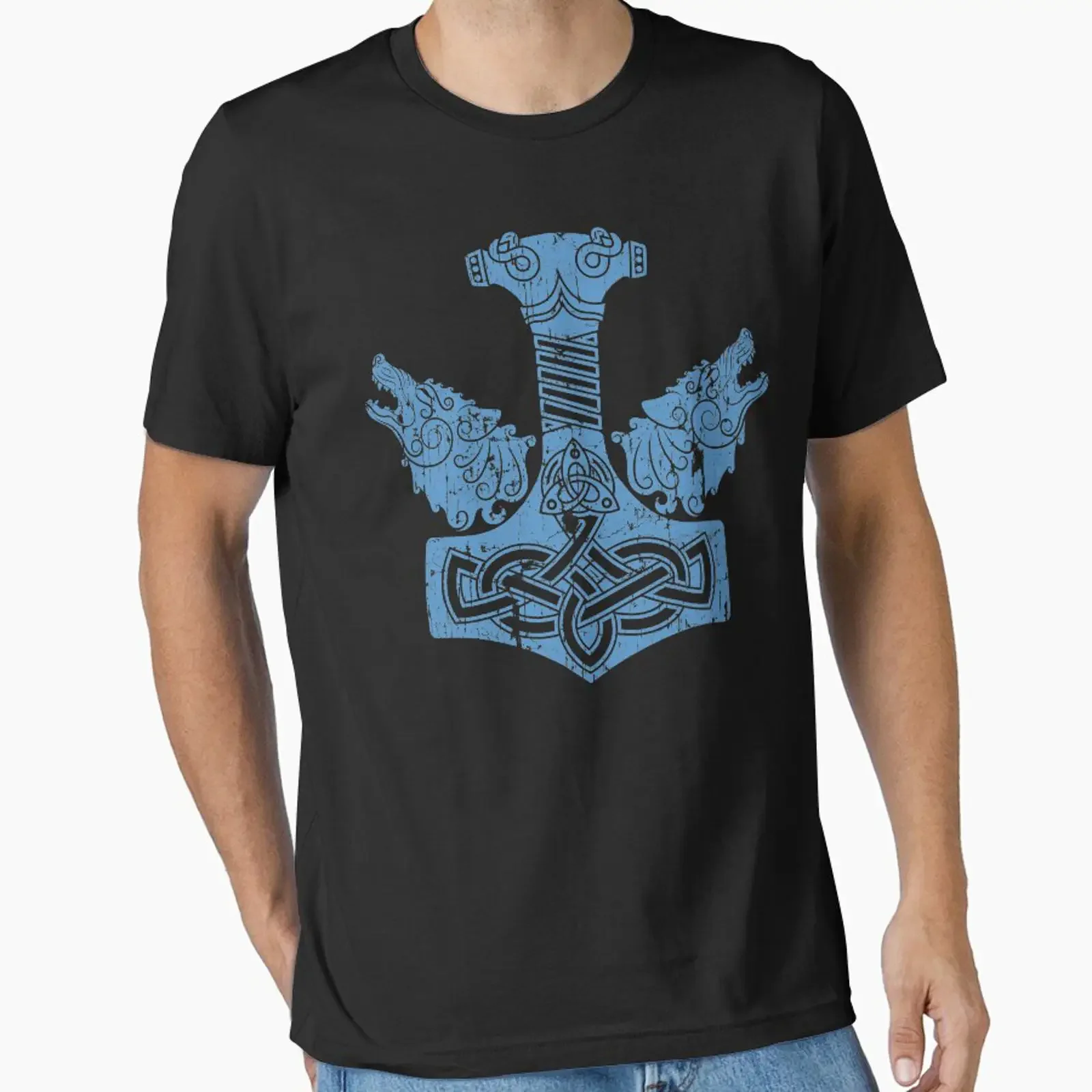 Thors Hammer Mjolnir Viking Norse Wolf Knotwork Blue Distressed Essential T Shirt vintage Washed fashion Unisex