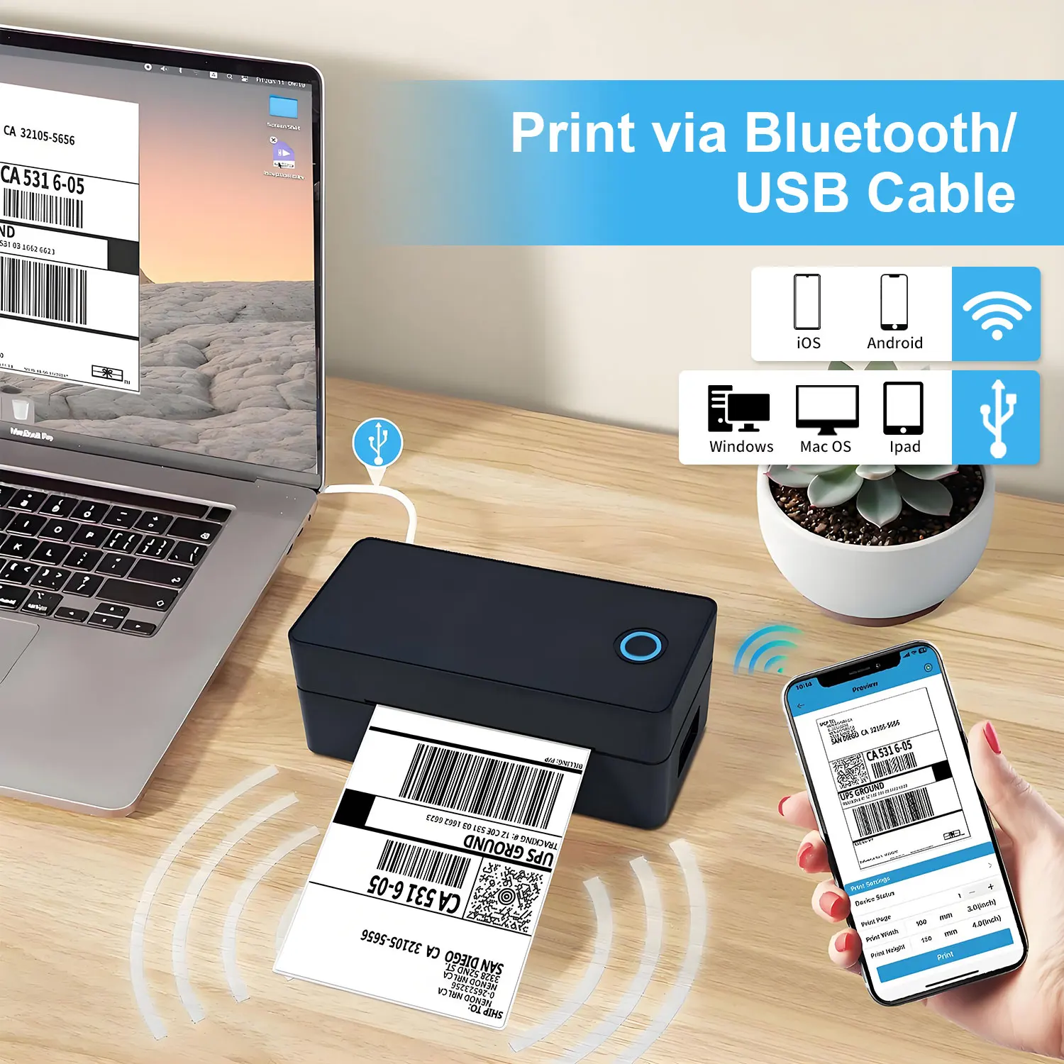 

4x6 Shipping Label Printer Wireless Bluetooth Express Waybill Sticker Label Thermal Printer Compatible with Smartphones&PC