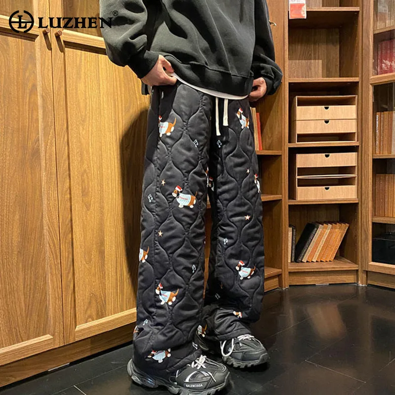 

LUZHEN милый мультяшный узор с принтом, высококачественные утолщенные теплые брюки с подкладкой, мужские зимние модные прямые брюки 2025 года, JY4884