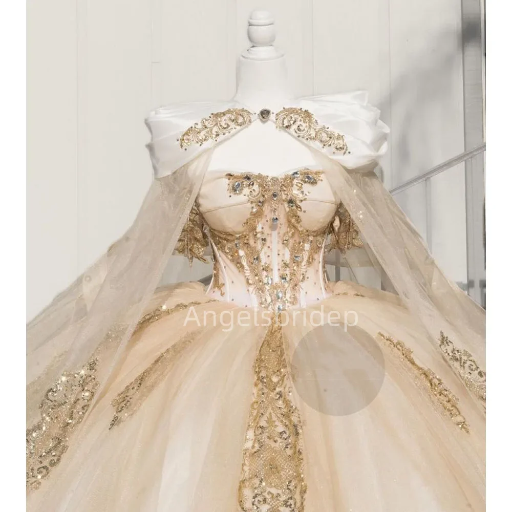 Angelsbridep Customized Shiny Champagne Tulle Princess Quinceanera Dress Ball Gown Gold Appliques Sweet 16 Vestido 15 De Años