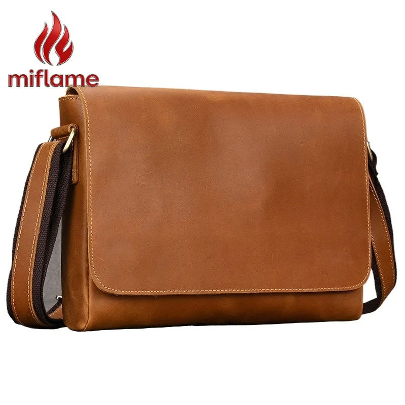 

Men's Crossbody Bag Large 33cm Crazy Horse Leather Flap Shoulder Bag Fits A4 Documents Commuter Travel Vintage