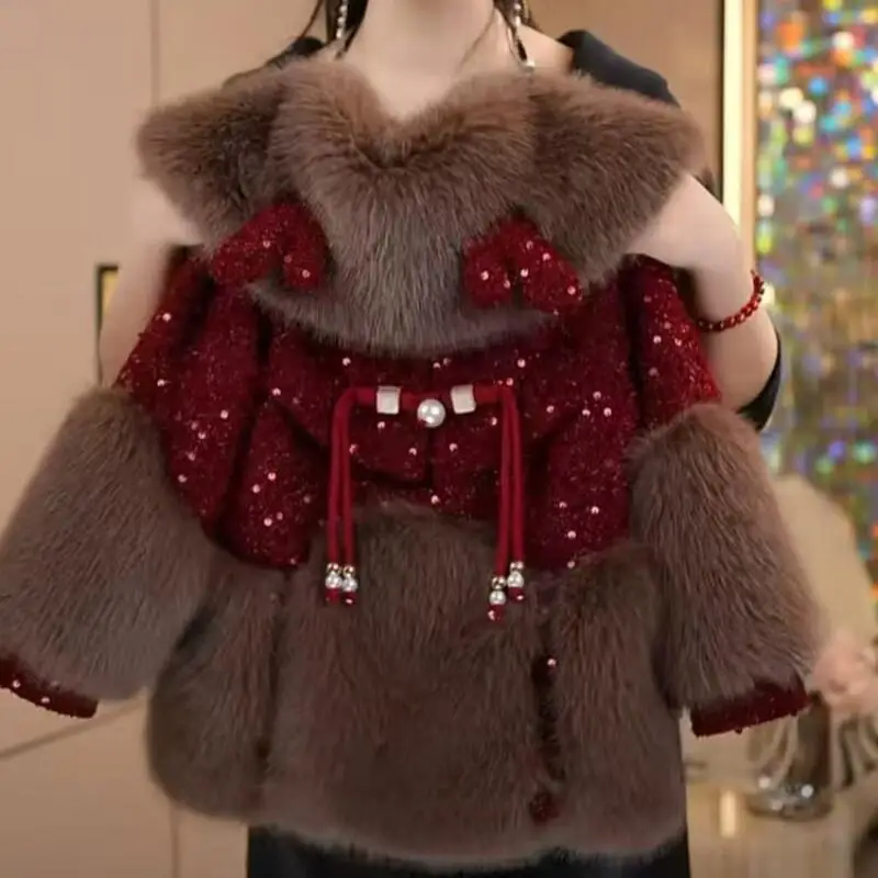 

Kawaii Girl Fashion Leopard Print Thicken Fur Collar Tops Fur Student Winter Casual Keep Warm Lapel Jacket Children's Clothing