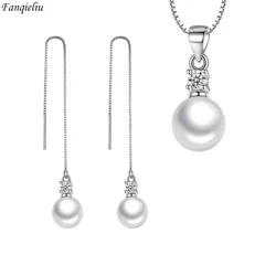 Fanqieliu Real 925 Silver Needle Crystal Pearl Pendant Necklace Long Drop Earrings Jewelry Sets For Women New Trendy FQL23091