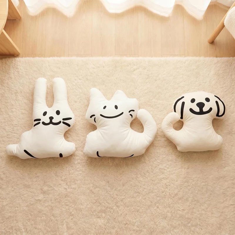 

Simple Cartoon Animal Plush Pillow, Black Line Print Bear Puppy Kitty Bunny Pig Irregular Stuffed Cushion Home Decor Pillow Gift