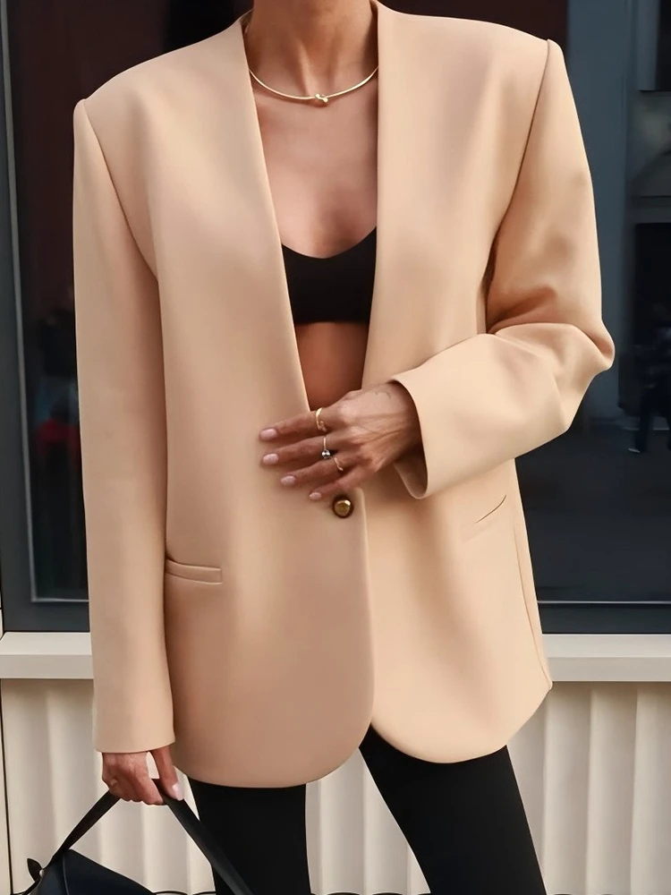 أنيقة العميق الخامس الرقبة زر واحد بليزرات للنساء 2026 شيك كم طويل بدلة فضفاضة مكتب سيدة سترة القمم ملابس خارجية الإناث #1