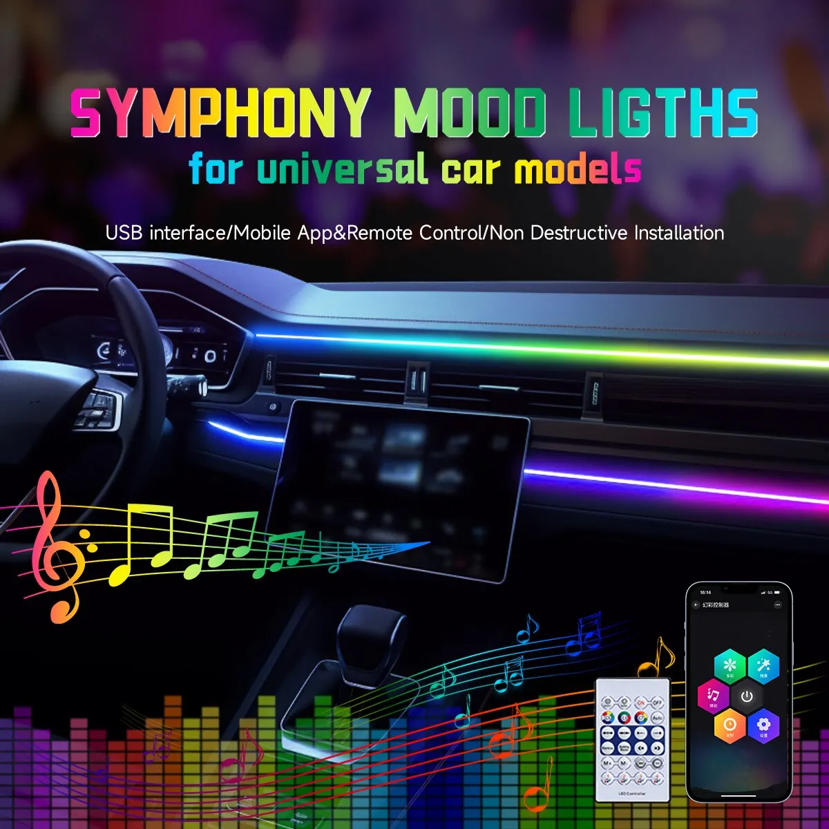 Car USB 64 Colors Acrylic Strips LED Ambient Light 110cm Full Colors RGB Car Interior Hidden App Remote Control Atmosphere Lamp