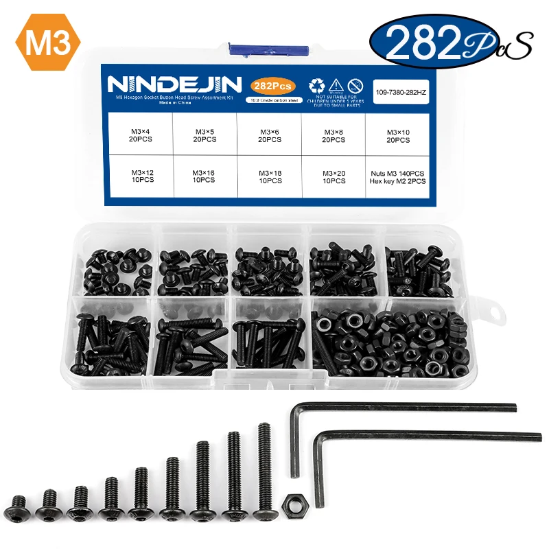 NINDEJIN Sechskant-Innensechskant-Halbrundkopfschraube, Mutter aus Kohlenstoffstahl, M2, M2,5, M3, M4, M5, M6, Inbus-Rundkopfschrauben-Set, Bolzen und Muttern-Set