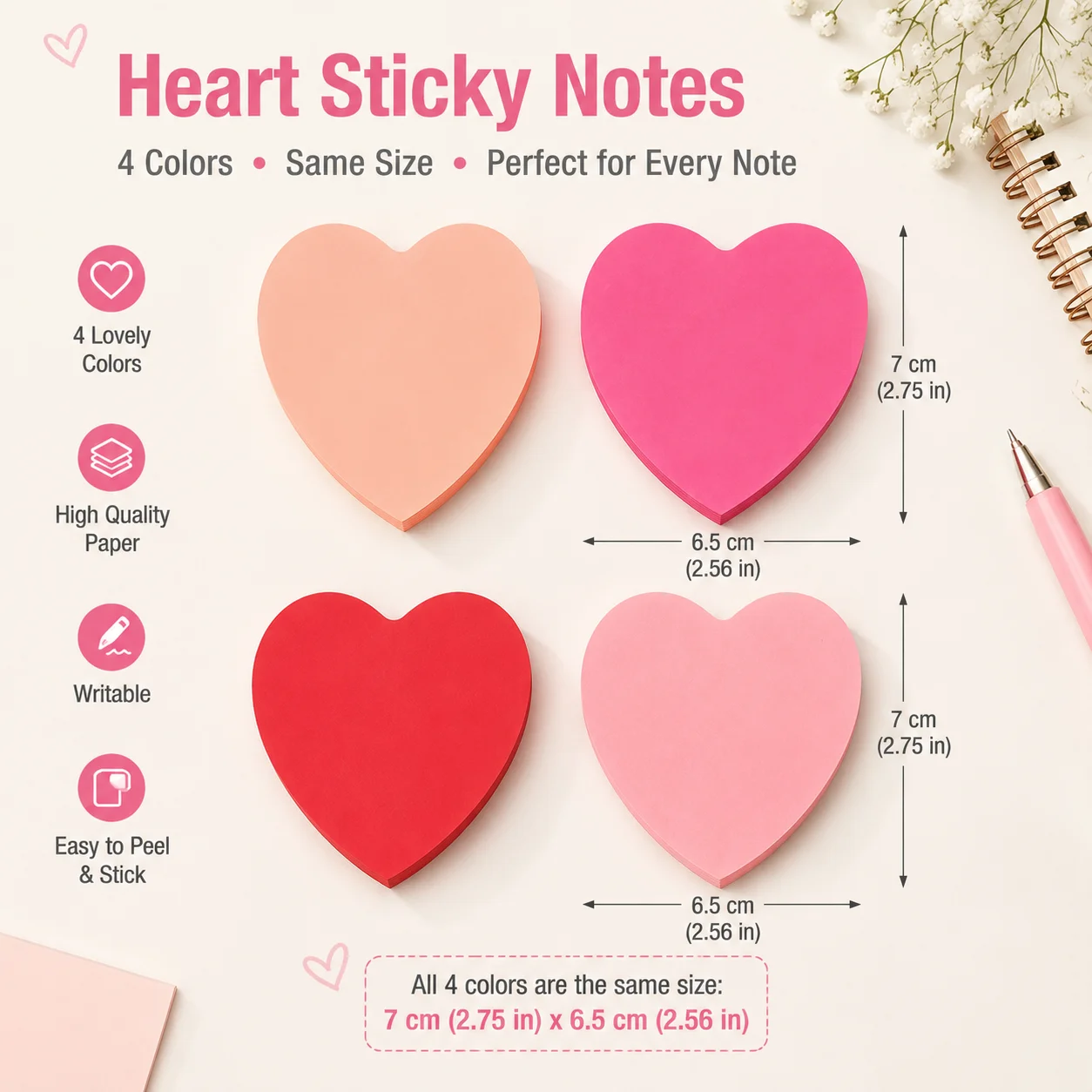 Back To School Must‑Have Heart Shaped Writable Sticky Notes 4 Colors Self‑Adhesive Memo Pads Valentine Office Decor Stationery