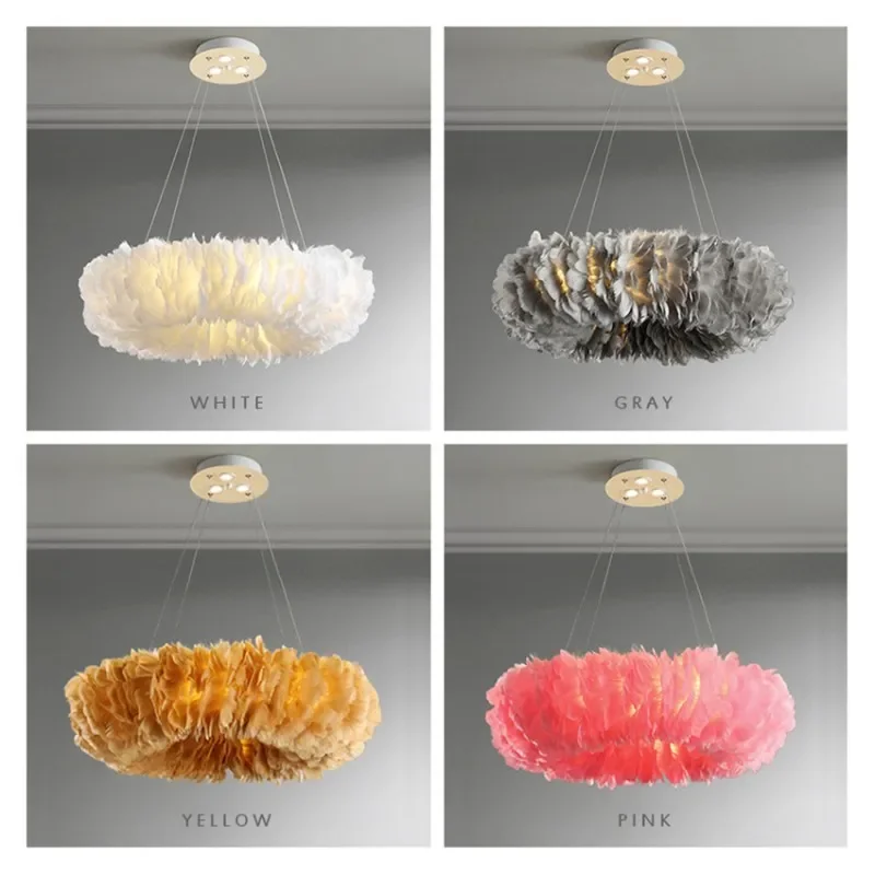 Modern Minimalist Ins Donut Chandelier Girl's Room Fashionable White Feather Light Master Bedroom Romantic E27 Lighting Fixture