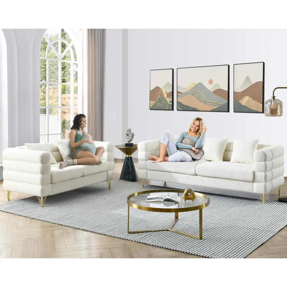 طقم أريكة منجدة حديثة بأرجل ذهبية وأريكة 3 مقاعد ومقعدين، أثاث غرفة معيشة مريح على طراز سحابة #6