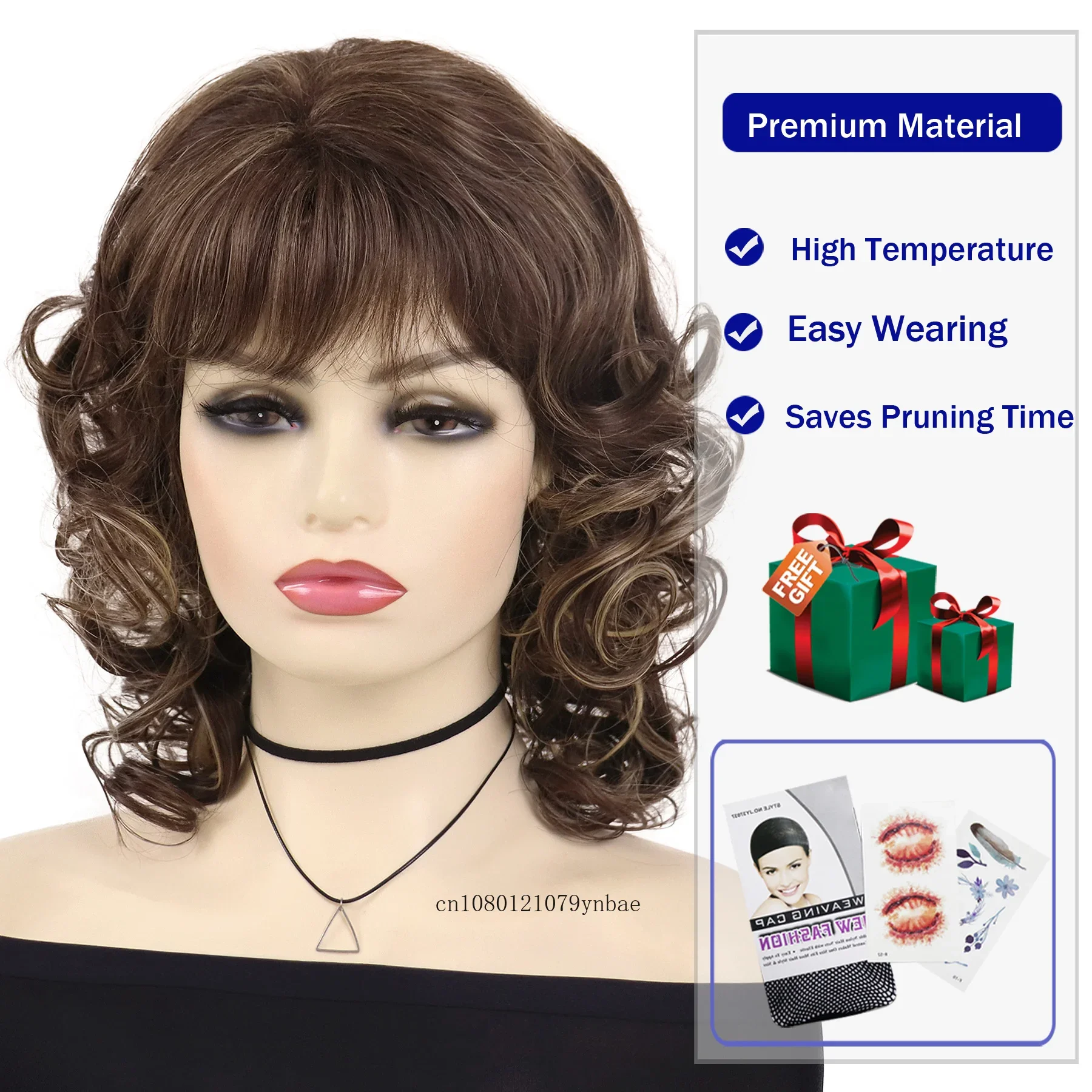 Synthetic Short Brown Curly Wig for Women Fluffy Bouncy Curly Wigs with Bangs Natual Looking Daily Costume Party Heat Resistant