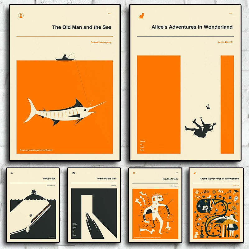 Классическая обложка книги Moby-Dick Алиса в стране чудес, минималистичный постер с принтом, холст, картина, настенные художественные картины для домашнего декора комнаты Классическая обложка книги Moby-Dick Алиса в стране чудес, минималистичный постер с принтом, холст, картина, настенные художественные картины для домашнего декора комнаты