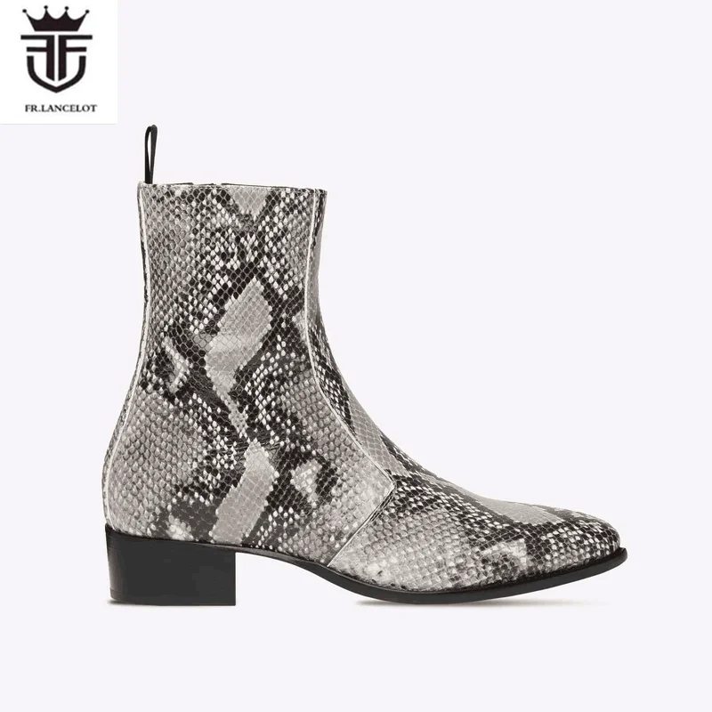 2024 Fashion Snake Skin Print Leather Chelsea Boots Men Snake Patter leather Boots men\'s booties Side Metal Zip knight shoes