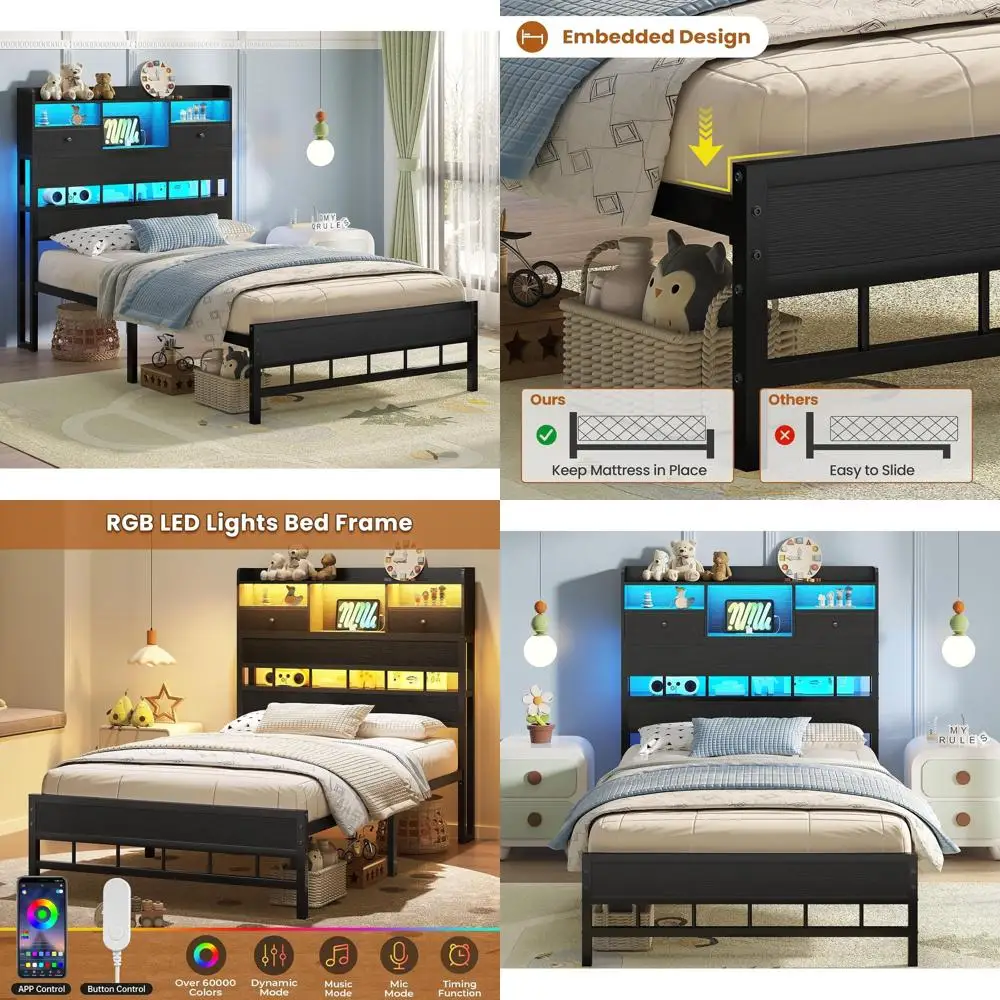 

Black Twin Beds with Built-in Board, Charging Station, LED Lighting, 5 Shelves, Underbed Storage - Ideal for Kids, No Box Spring
