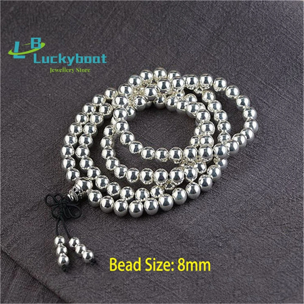 6/8mm Genuine 925 Silver Polished 108 Beads Bracelet Buddhist Multi Layer Rosary Mala for Men or Women Prayer Meditation