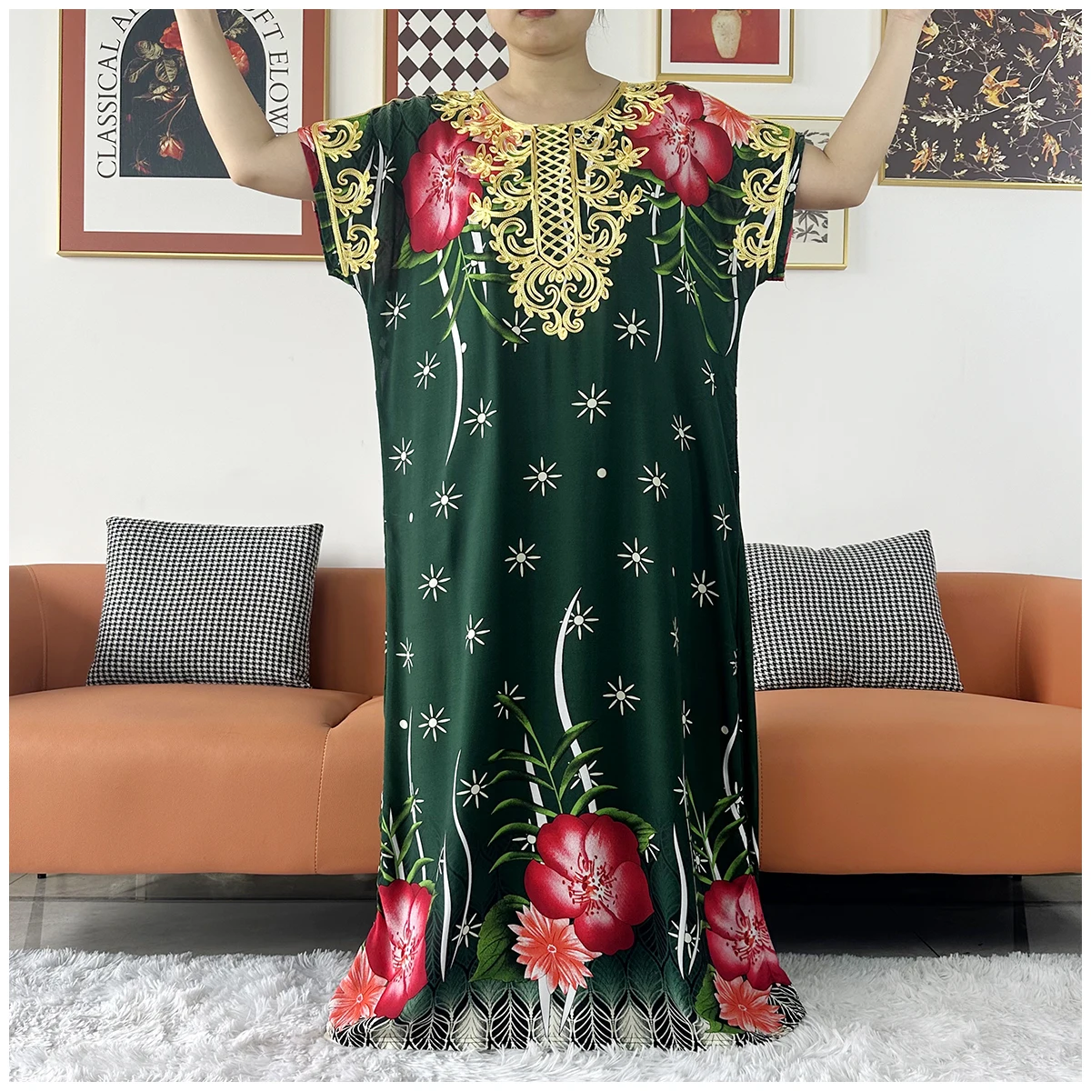 2 Pieces African Dashiki Floral Printing Loose Cotton Caftan Lady Summer Maxi Casual Dresses With Scarf  Vestidos Short Sleeve