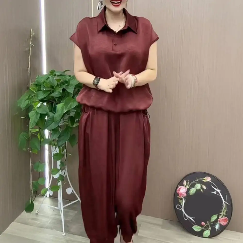 Women Two-piece Set Polyester Stylish Women's Two-piece Outfit Set V Neck Top Long Pants Summer Lounge Suit for Mom Comfortable