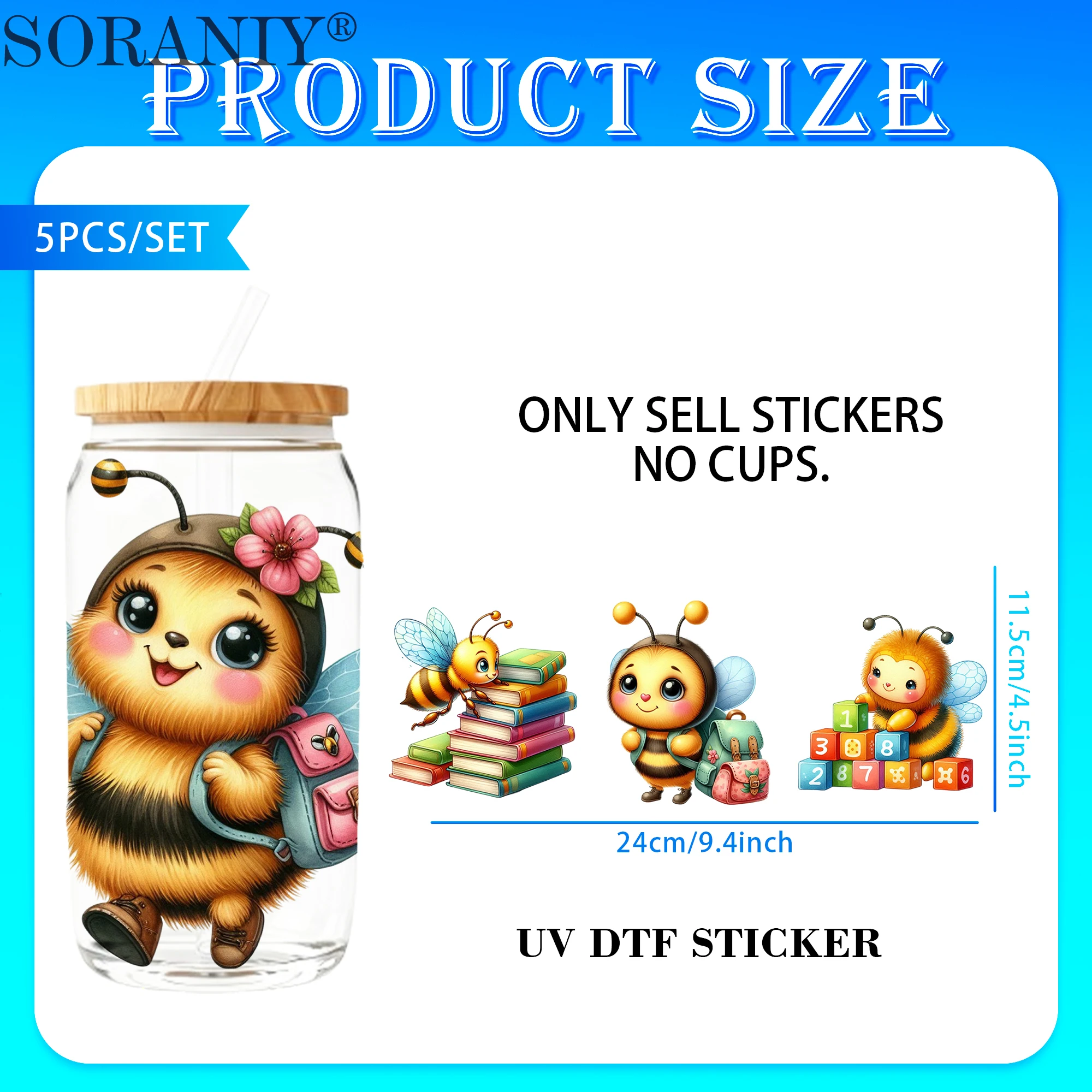 UV DTF 16OZ DIY Transfer Stickers - 5 Pieces/Set Watercolor Back To School Bee Camping Life Theme - view 2