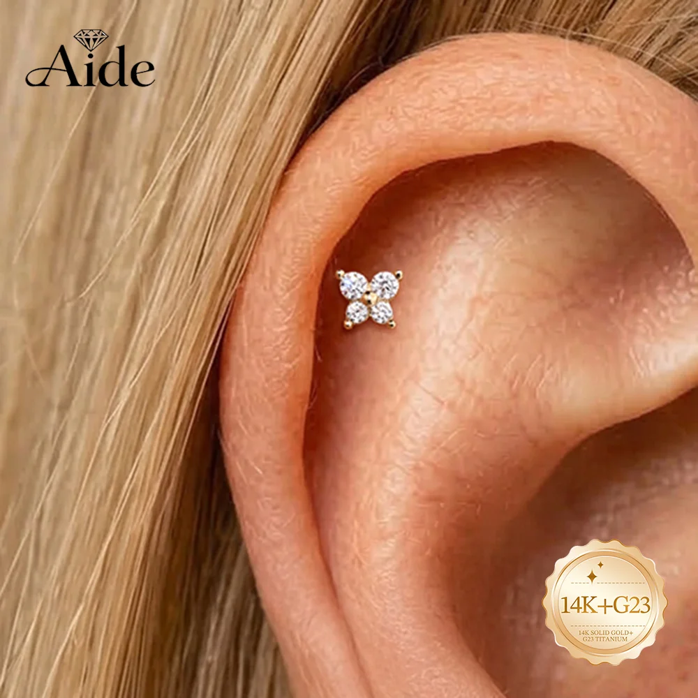 AIDE 14K Solid Gold Four-petal Flower Zircon Women's G23 Titanium Flat Back Piercing Ear Bone Nail Wedding Bridal Jewelry Gifts