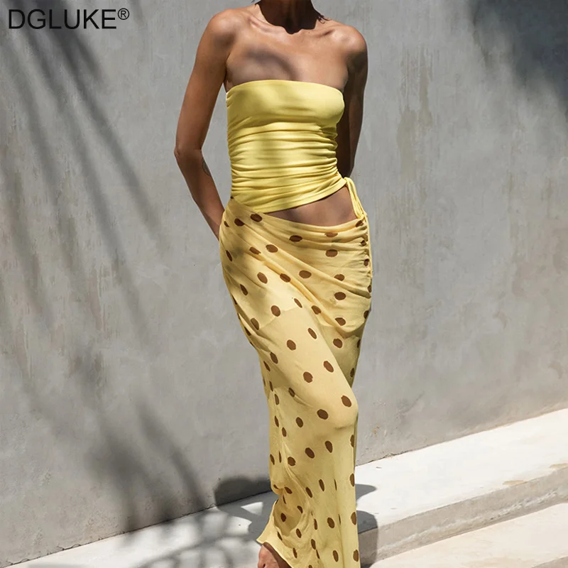 

DGLUKE Contrast Strapless Long Dress For Women Polka Dot Chiffon Summer Vacation Dress Ruched Draped Maxi Dress