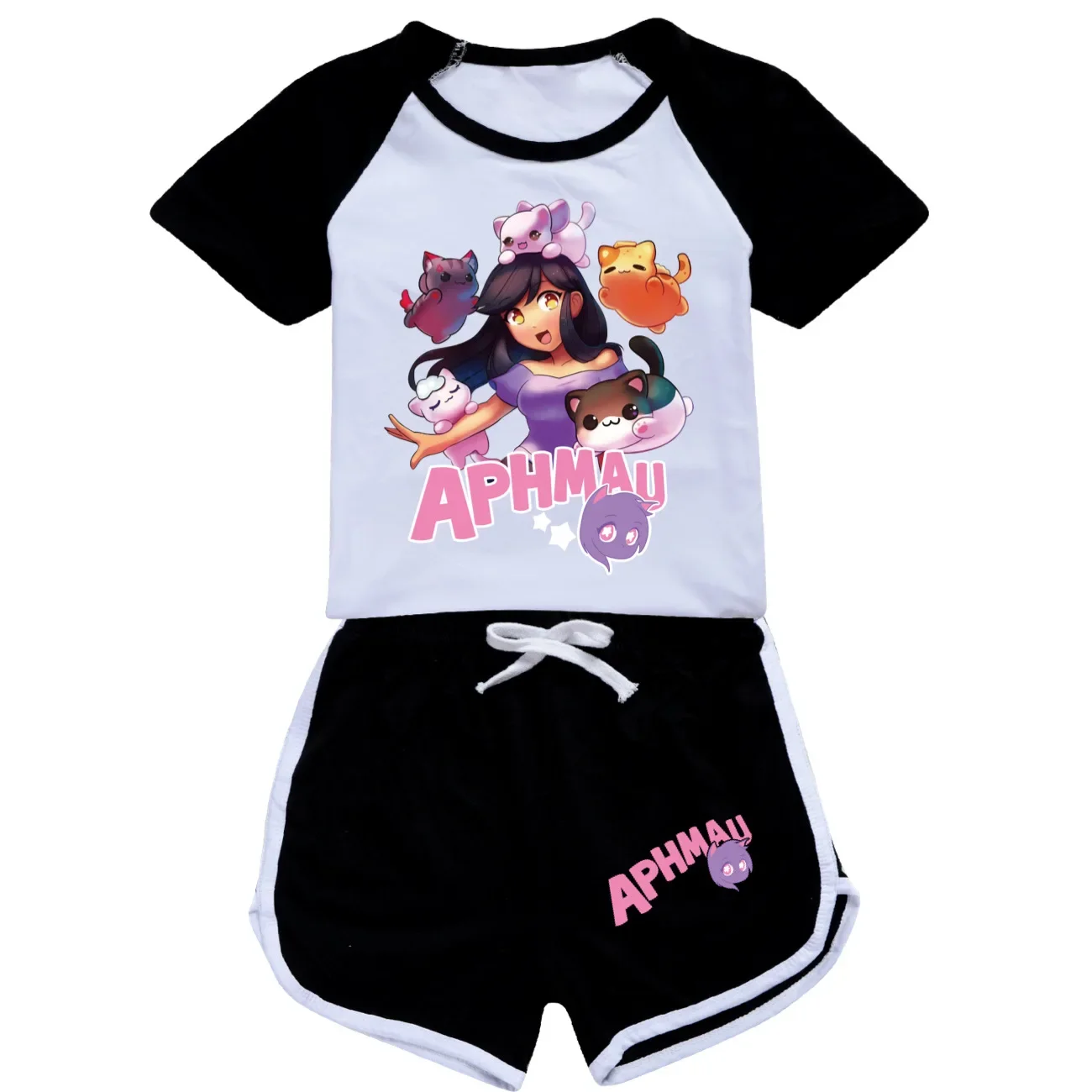 Kawaii APHMAU Cat Clothes Kids Aaron Lycan T Shirt Baby Girls Short Sleeve Tops Shorts 2pcs Sets Toddler Boys Boutique Outfits