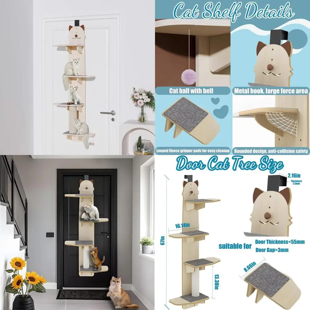 

67 Multi-Level Door-Mounted Cat Tree with Scratching Post and Bell Ball for Kittens - Beige