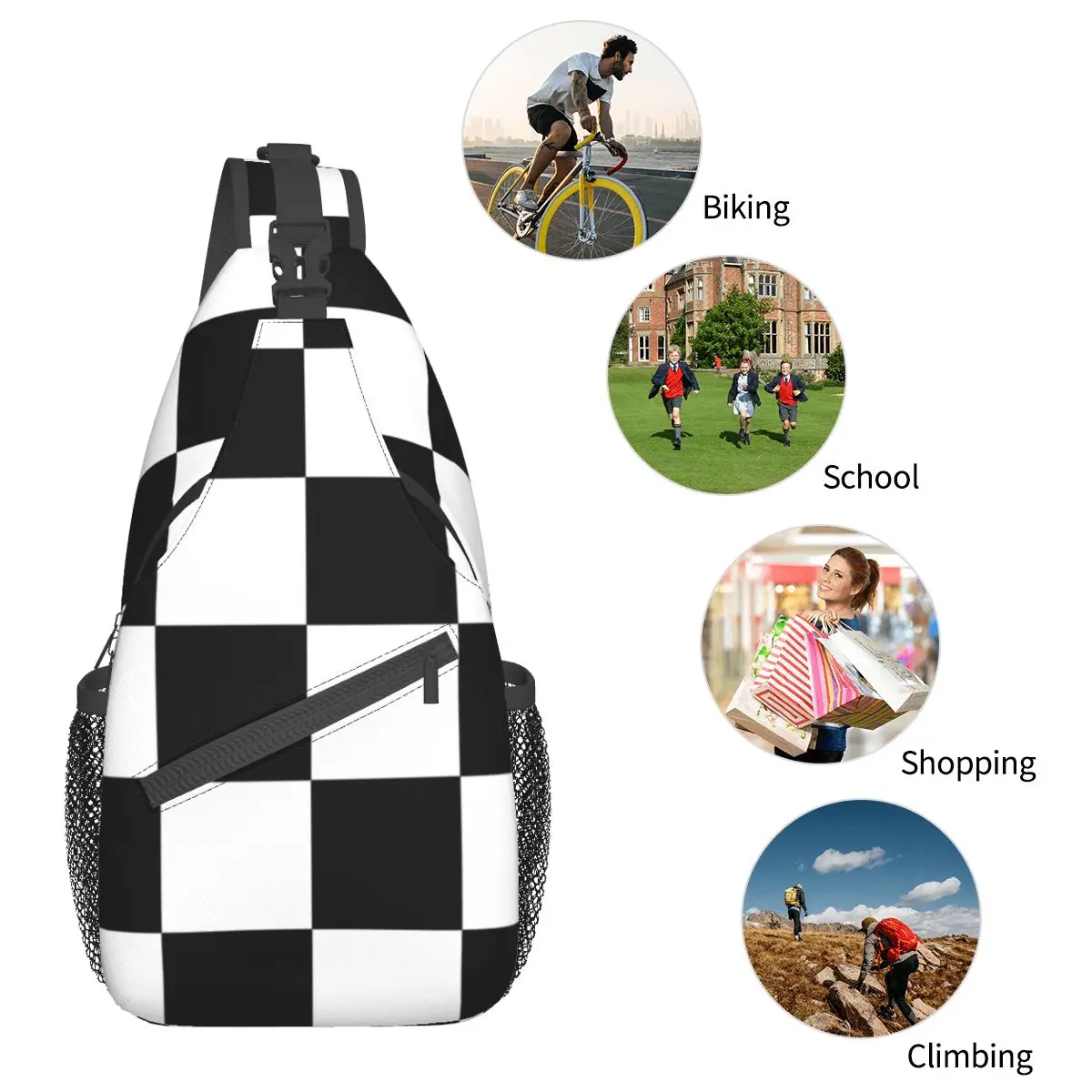 Checkered Squares Small Sling Bags Chest Crossbody Shoulder Backpack Outdoor Hiking Daypacks Chess Geometric Fashion Satchel