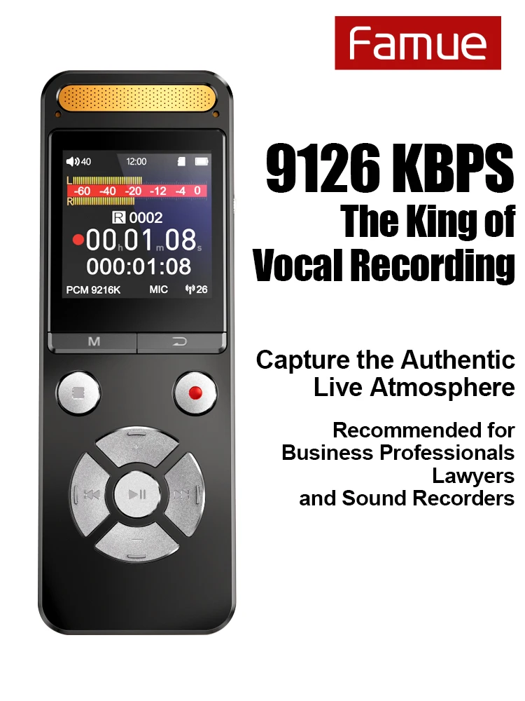 32GB Famue Voice Recorder 9126kbps Ultra Bitrate Pro Recorder with Monitoring External Mic 1TB Expandable 4 Mic Array