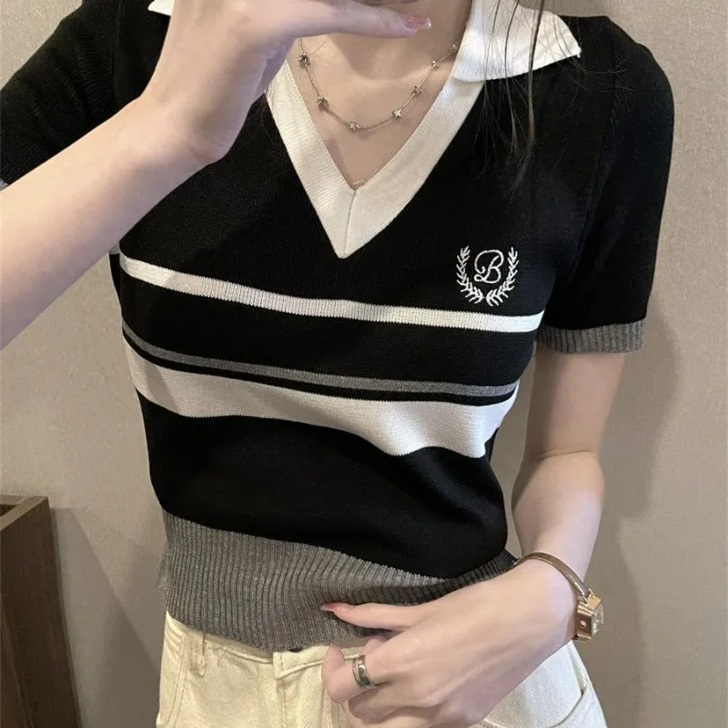 Striped Polo Neck Ice Silk Knitted Top Women's Short Sleeve 2025 Summer New Chic Fake-two Pieces V-neck Thin Short T-shirt